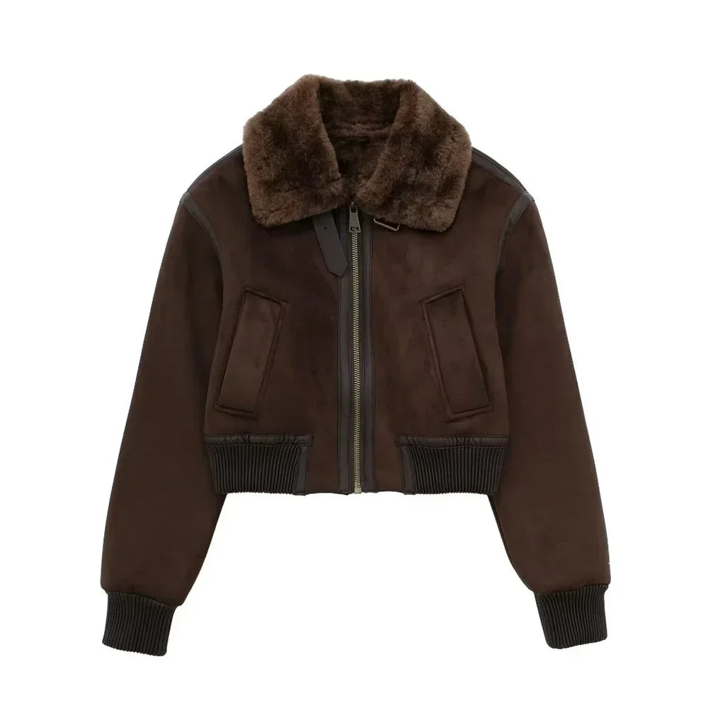 Women’s Cropped Suede-Look Bomber Jacket with Plush Shearling Collar and Ribbed Cuffs – Warm Vintage Inspired Winter Outerwear