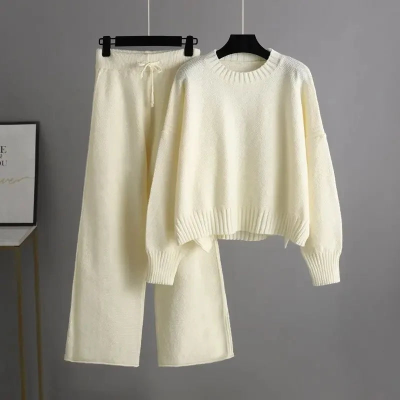 Women's Ribbed Knit Two-Piece Set Round Neck Jumper