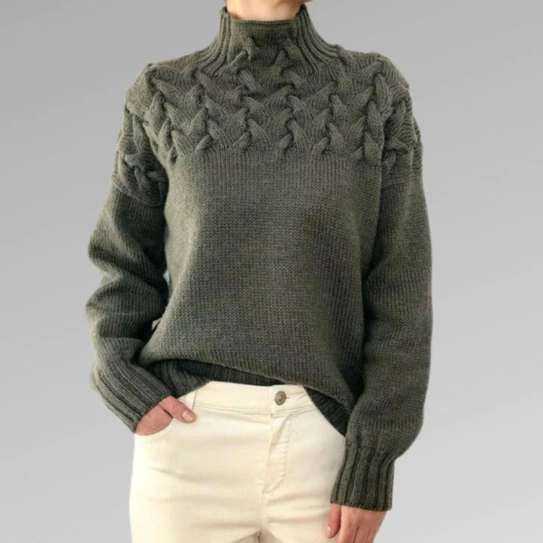 Women's Cable Knit High Neck Jumper with Textured Yoke