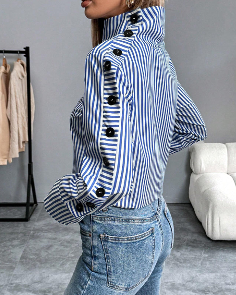 Women's Elegant Printed High-Neck Blouse with Decorative Buttoned Sleeves and Wide Cuffs – Soft Stretch Cotton Long Sleeve Top for Smart Casual Office Wear and Sophisticated Everyday Styling