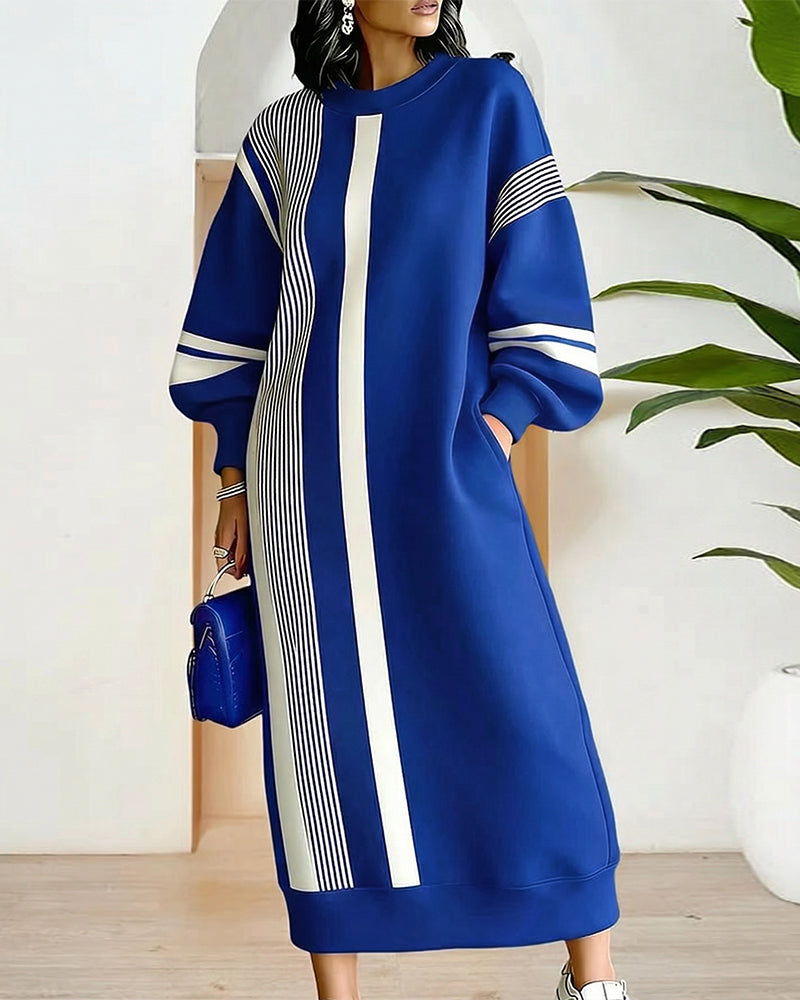 Women's Contrast Stripe Midi Sweatshirt Dress – Relaxed Long Balloon Sleeve Crew Neck Dress with Side Pockets for Casual Autumn and Winter Wear