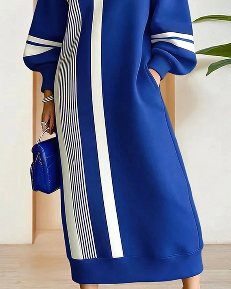 Women's Contrast Stripe Midi Sweatshirt Dress – Relaxed Long Balloon Sleeve Crew Neck Dress with Side Pockets for Casual Autumn and Winter Wear