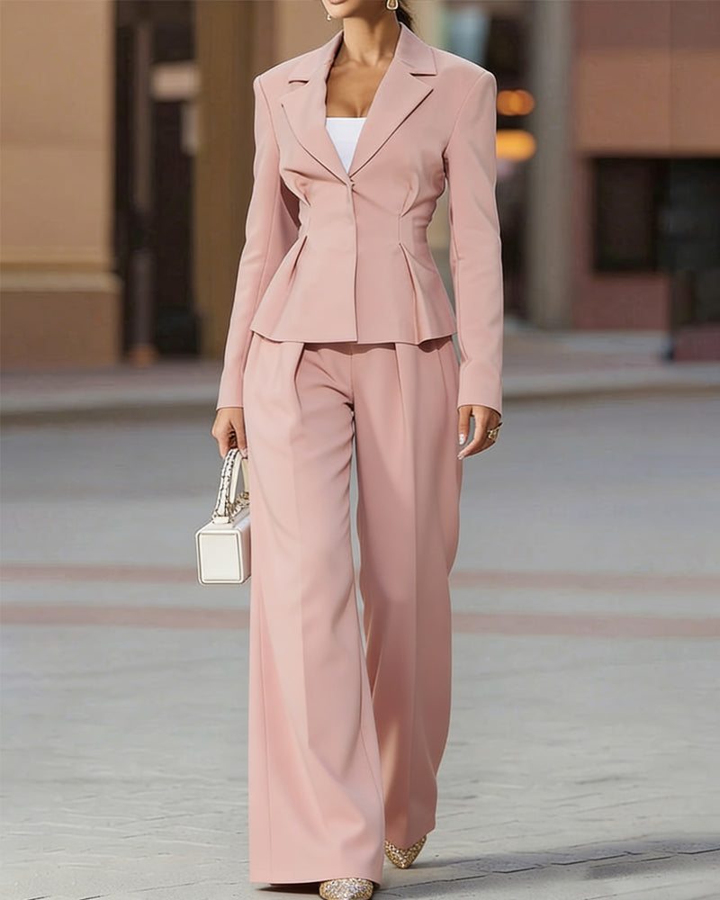 Women’s Elegant Tailored Peplum Blazer and Wide Leg Trouser Suit – Sophisticated Two-Piece Business Outfit for Office and Formal Occasions