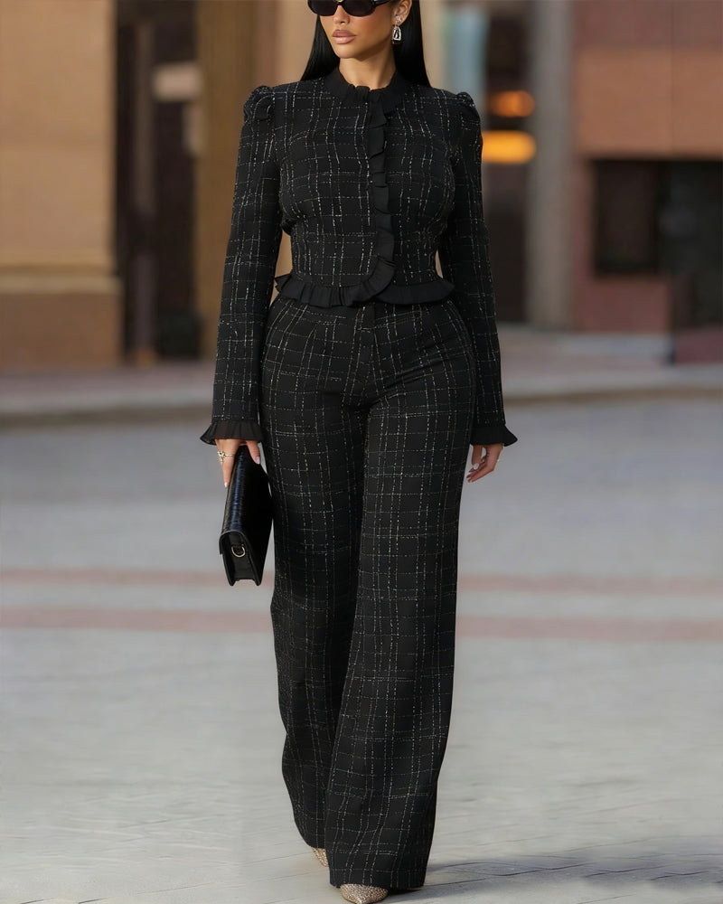Women's Ruffle-Trim Button-Front Tailored Jacket and High-Waisted Wide-Leg Trousers Set – Elegant Two-Piece Suit for Business and Formal Occasions