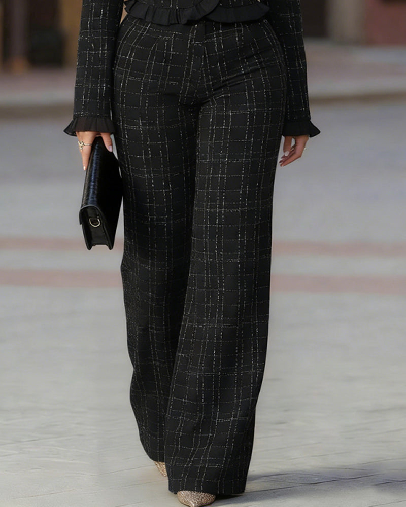 Women's Ruffle-Trim Button-Front Tailored Jacket and High-Waisted Wide-Leg Trousers Set – Elegant Two-Piece Suit for Business and Formal Occasions