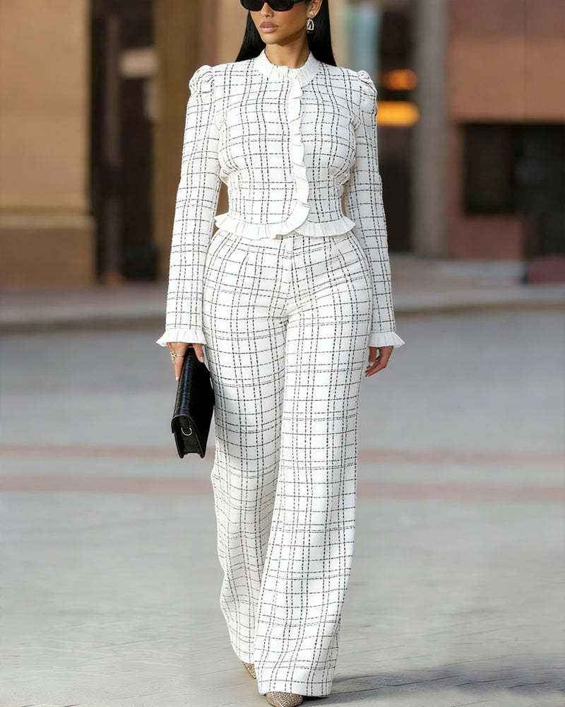 Women's Ruffle-Trim Button-Front Tailored Jacket and High-Waisted Wide-Leg Trousers Set – Elegant Two-Piece Suit for Business and Formal Occasions