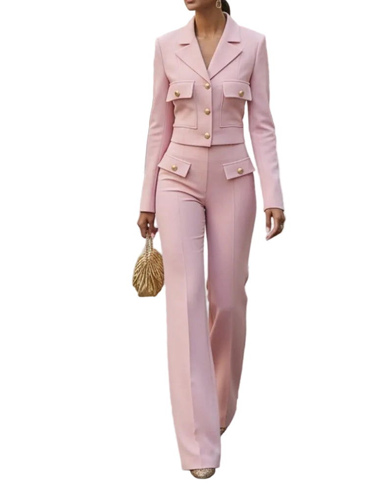 Women’s Cropped Tailored Blazer and High-Waisted Wide-Leg Trousers Two-Piece Set with Gold Buttons – Elegant Business Casual Outfit for Office and Formal Occasions