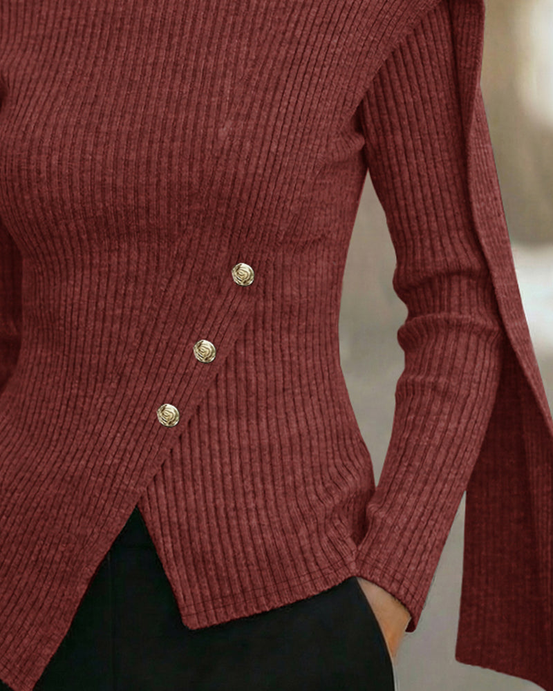 Women’s Ribbed Mock-Neck Sweater with Shoulder Drape – Fitted Knit with Decorative Buttons and Asymmetric Hem