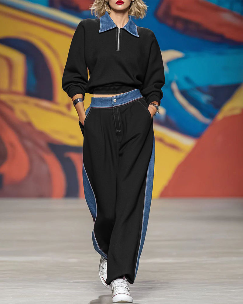 Women's Denim-Panel Zip-Neck Sweatshirt and Wide-Leg Trousers Set – Relaxed Athleisure Co-Ord for Everyday Casual Wear