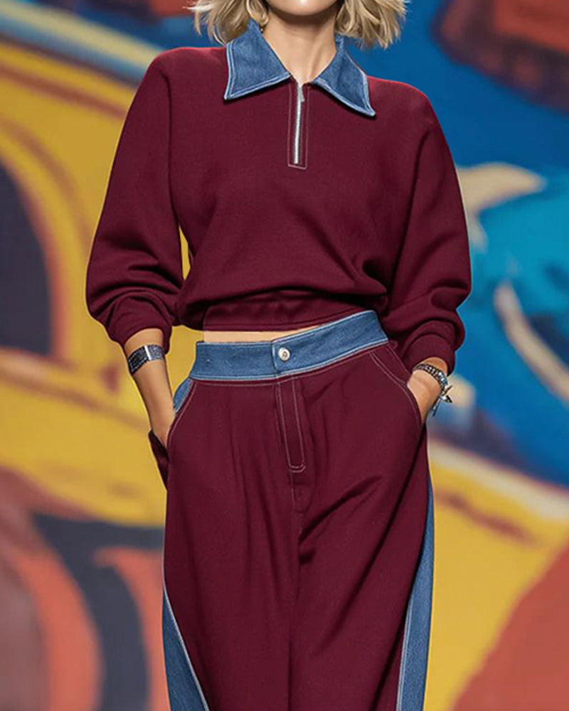 Women's Denim-Panel Zip-Neck Sweatshirt and Wide-Leg Trousers Set – Relaxed Athleisure Co-Ord for Everyday Casual Wear