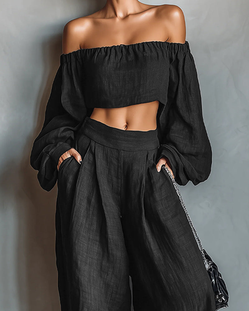 Women's Off-Shoulder Cropped Top and High-Waisted Wide-Leg Trousers Set – Elegant Puff-Sleeve Two-Piece Summer Co-Ord for Casual and Evening Occasions