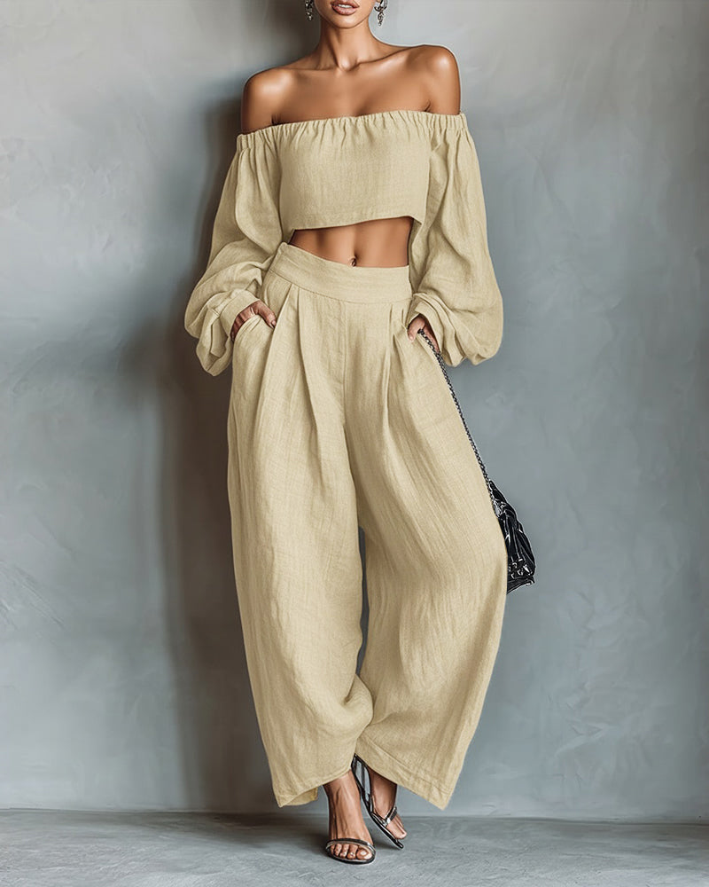 Women's Off-Shoulder Cropped Top and High-Waisted Wide-Leg Trousers Set – Elegant Puff-Sleeve Two-Piece Summer Co-Ord for Casual and Evening Occasions