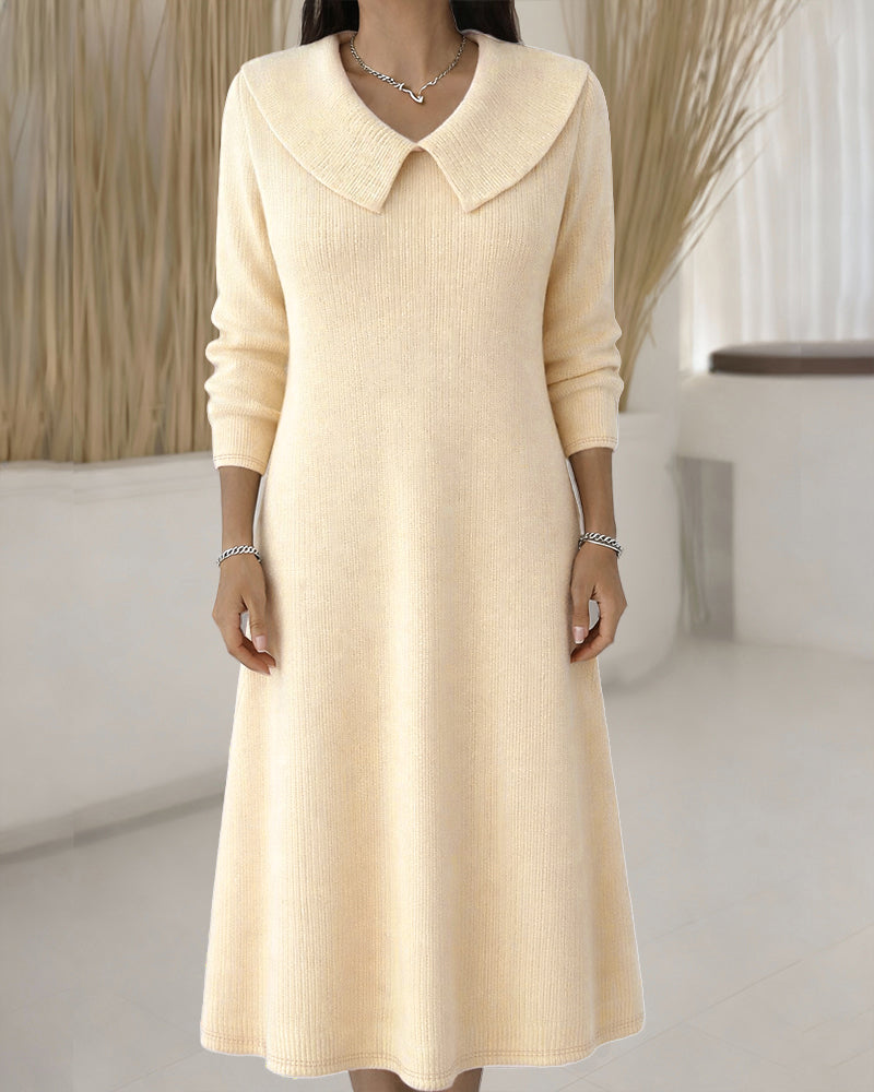 Women’s Ribbed Knit Midi Dress with Oversized Collar and Long Sleeves – Elegant A-Line Style for Autumn and Winter