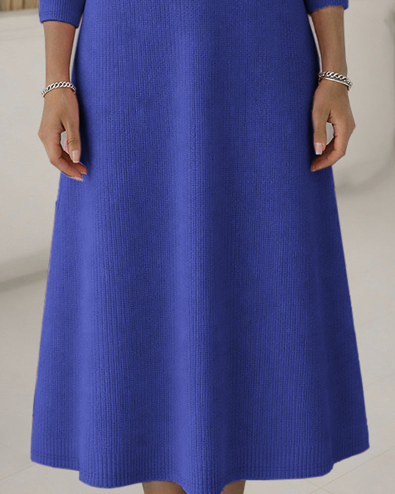 Women’s Ribbed Knit Midi Dress with Oversized Collar and Long Sleeves – Elegant A-Line Style for Autumn and Winter