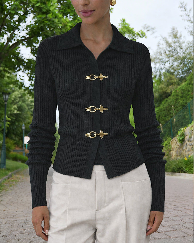 Women’s Ribbed Knit Cardigan with Metal Clasp Fastenings and Collared Neckline – Elegant Fitted Layer for Office and Smart Casual Wear