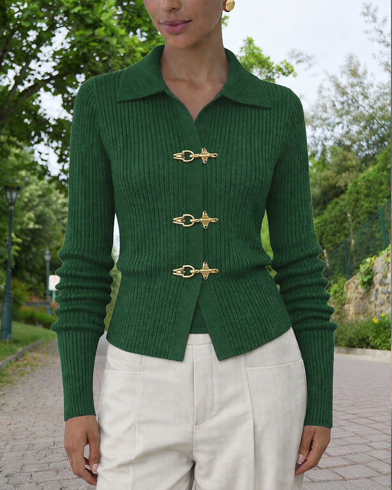 Women’s Ribbed Knit Cardigan with Metal Clasp Fastenings and Collared Neckline – Elegant Fitted Layer for Office and Smart Casual Wear