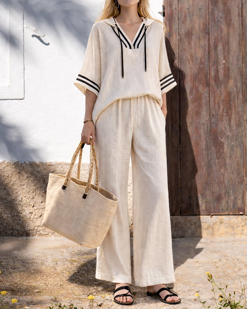 Women's Cotton Blend Hooded Two-Piece Trouser Set – Relaxed Short Sleeve Top and Wide Leg Trousers for Summer