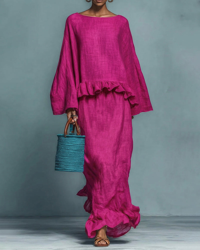 Women’s Linen Blend Ruffle Hem Blouse and Flowing Maxi Skirt Set – Relaxed Two-Piece Summer Outfit for Holidays and Casual Elegance