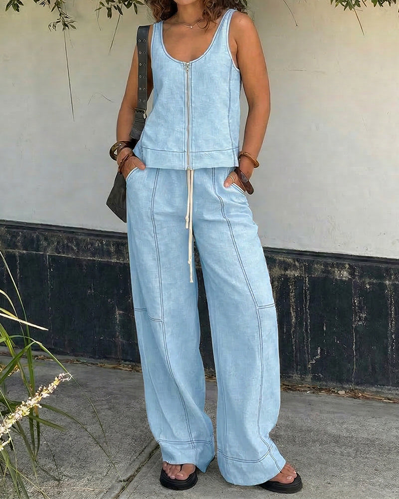Women's Cotton Two-Piece Summer Set – Sleeveless Zip Front Top and Relaxed Wide Leg Trousers for Casual Everyday Wear