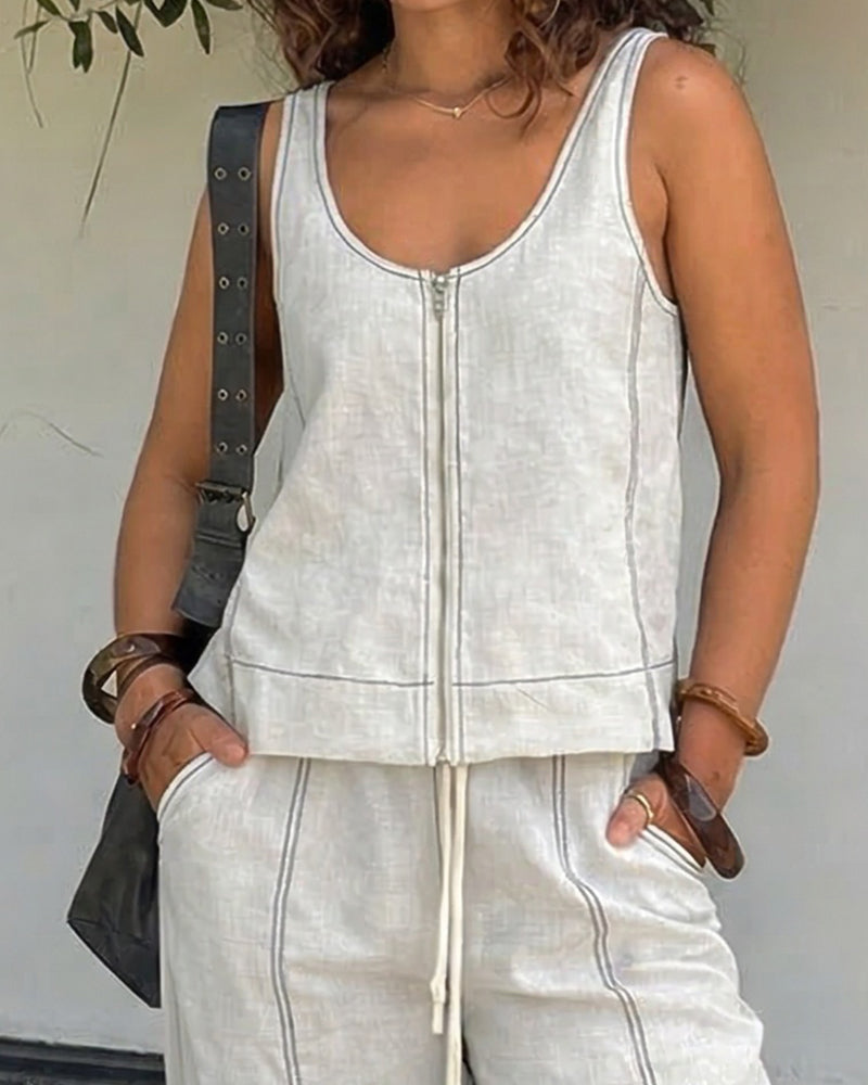 Women's Cotton Two-Piece Summer Set – Sleeveless Zip Front Top and Relaxed Wide Leg Trousers for Casual Everyday Wear