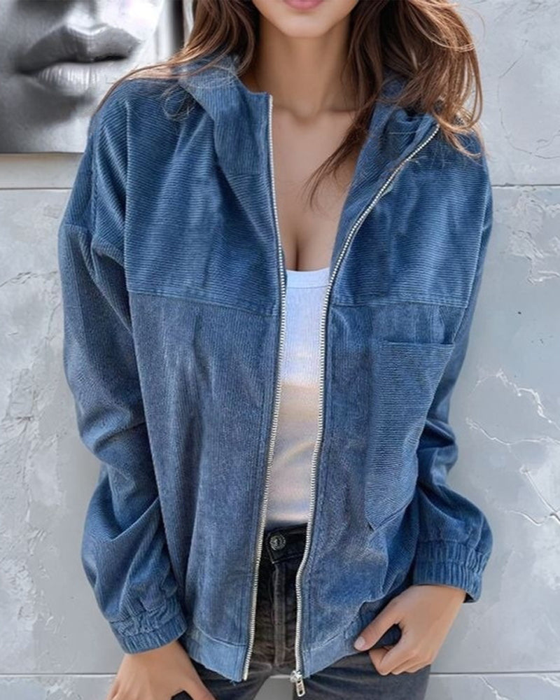 Women’s Hooded Corduroy Zip-Up Jacket with Chest Pocket – Relaxed Textured Casual Outerwear for Spring and Autumn