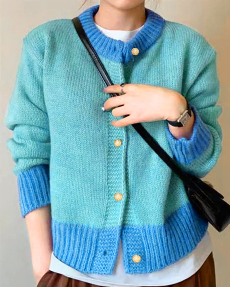Women's Soft Knitted Button Front Cardigan with Ribbed Trim – Relaxed Round Neck Long Sleeve Cardigan for Autumn and Winter Layering