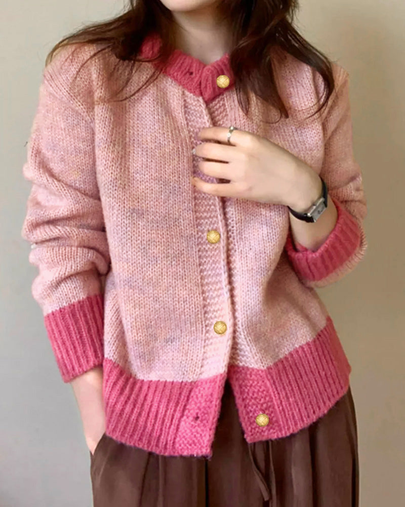 Women's Soft Knitted Button Front Cardigan with Ribbed Trim – Relaxed Round Neck Long Sleeve Cardigan for Autumn and Winter Layering