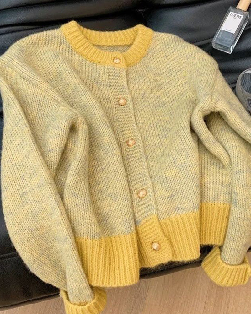 Women's Soft Knitted Button Front Cardigan with Ribbed Trim – Relaxed Round Neck Long Sleeve Cardigan for Autumn and Winter Layering