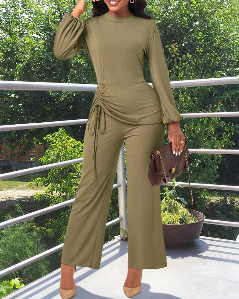 Women's Ruched High-Neck Top and Wide-Leg Trousers Set – Soft Knit Co-Ord for Casual Everyday Wear