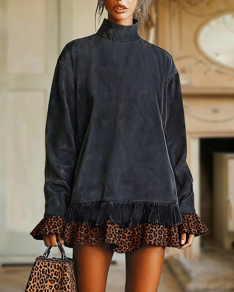 Women's Suede Effect Mini Shift Dress – Relaxed Long Sleeve High Neck Dress with Leopard Print Ruffle Hem and Cuffs for Autumn and Winter Wear