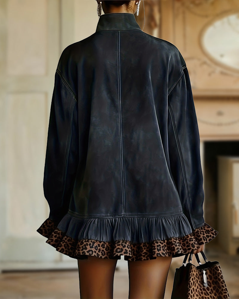 Women's Suede Effect Mini Shift Dress – Relaxed Long Sleeve High Neck Dress with Leopard Print Ruffle Hem and Cuffs for Autumn and Winter Wear