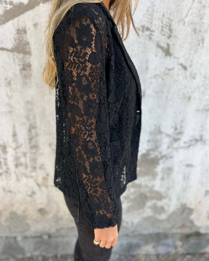 Women's Elegant Floral Lace Blazer – Sheer Long Sleeve Tailored Lapel Jacket for Smart Casual and Evening Occasion Wear
