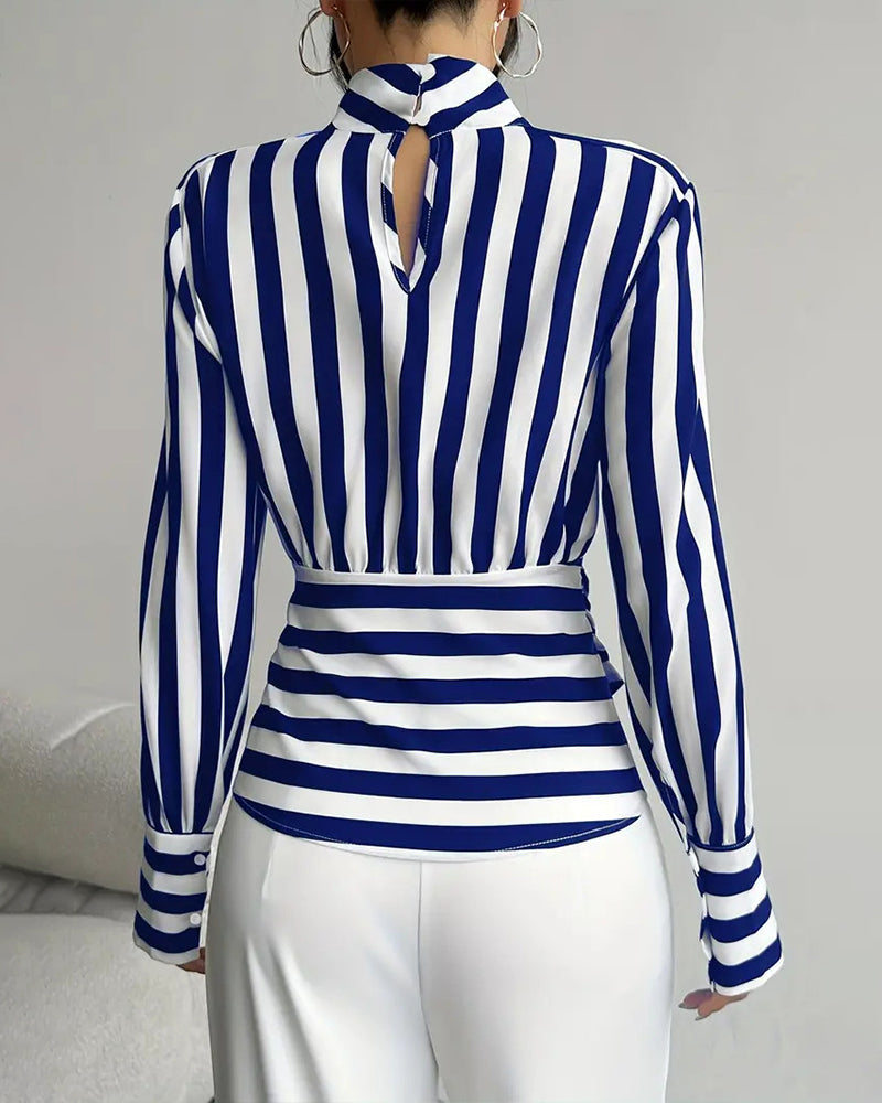 Women's Elegant Printed High Neck Blouse with Keyhole Cutout and Draped Tie Waist – Fitted Long Sleeve Top for Office and Evening Wear