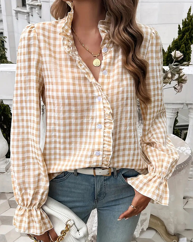 Women's Gingham Ruffle Blouse – Long Sleeve Button-Up Shirt with Frilled Collar and Flared Cuffs for Spring and Summer