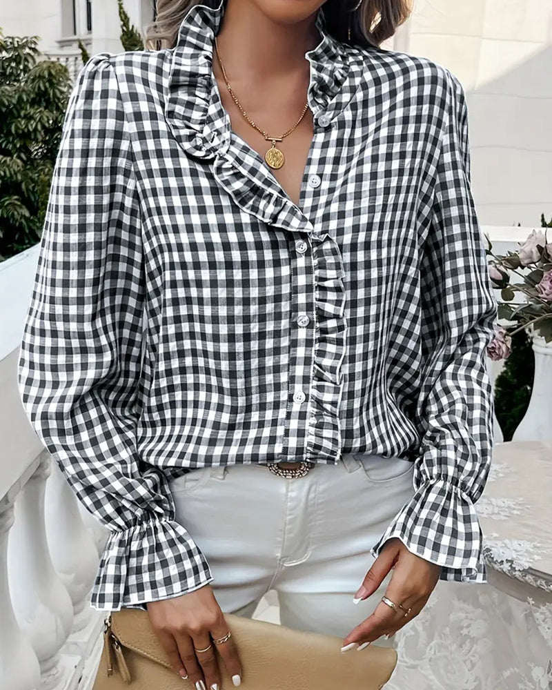 Women's Gingham Ruffle Blouse – Long Sleeve Button-Up Shirt with Frilled Collar and Flared Cuffs for Spring and Summer