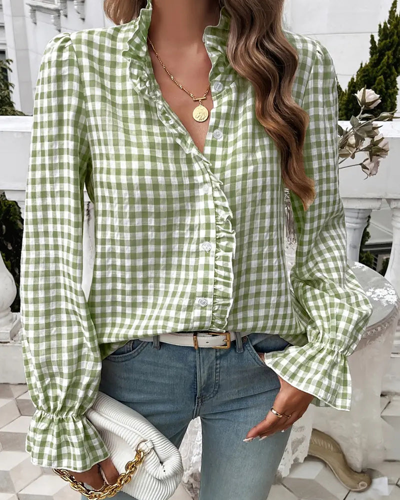Women's Gingham Ruffle Blouse – Long Sleeve Button-Up Shirt with Frilled Collar and Flared Cuffs for Spring and Summer
