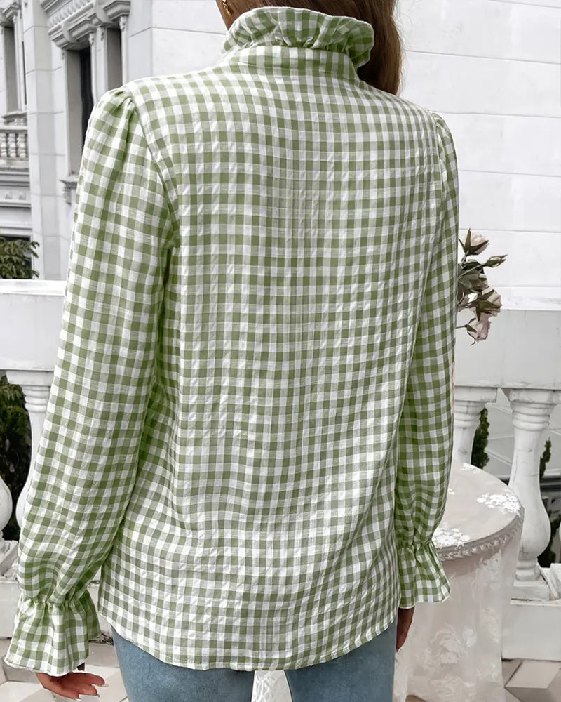 Women's Gingham Ruffle Blouse – Long Sleeve Button-Up Shirt with Frilled Collar and Flared Cuffs for Spring and Summer