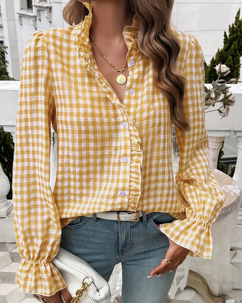 Women's Gingham Ruffle Blouse – Long Sleeve Button-Up Shirt with Frilled Collar and Flared Cuffs for Spring and Summer
