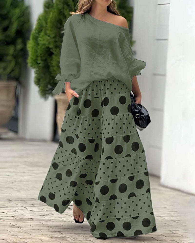 Women’s Draped Off Shoulder Top and Printed Wide Leg Trouser Set – Relaxed Two-Piece Summer Outfit for Holidays and Casual Wear