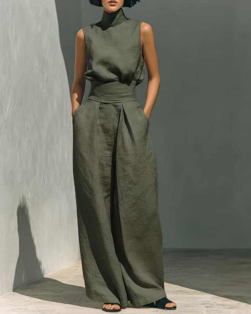 Women’s Sleeveless High Neck Top and Wide Leg Trouser Set – Elegant High Waisted Summer Two-Piece Outfit