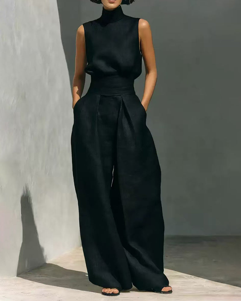 Women’s Sleeveless High Neck Top and Wide Leg Trouser Set – Elegant High Waisted Summer Two-Piece Outfit
