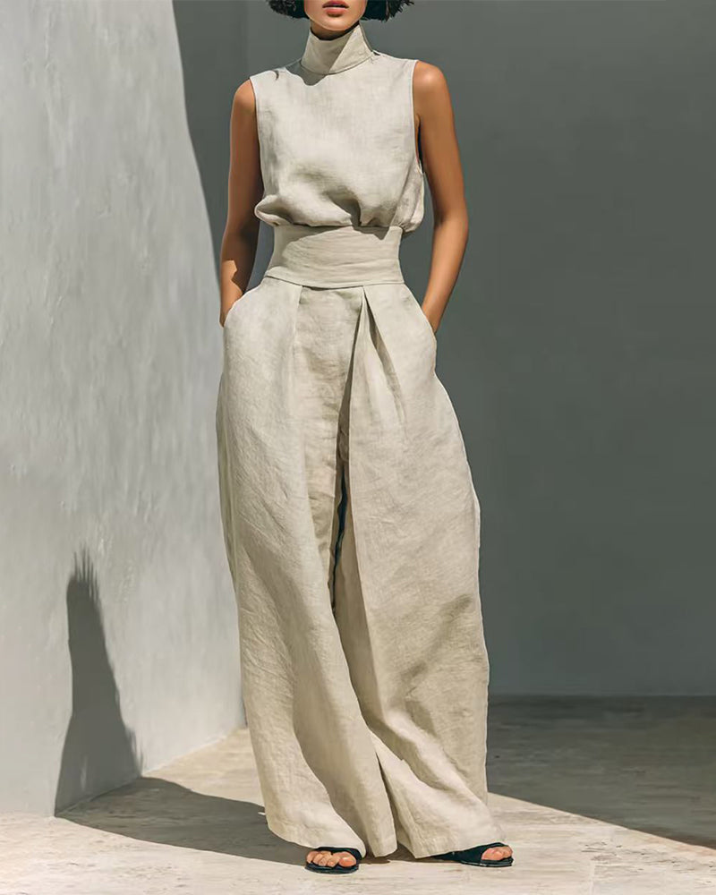 Women’s Sleeveless High Neck Top and Wide Leg Trouser Set – Elegant High Waisted Summer Two-Piece Outfit
