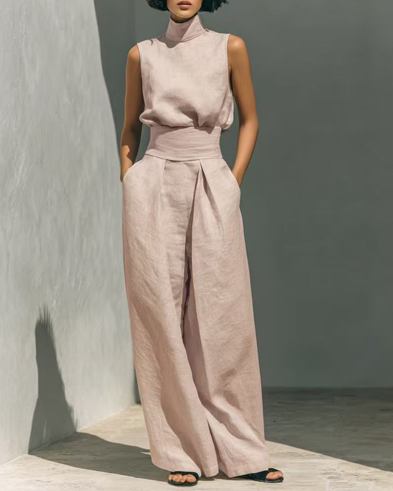 Women’s Sleeveless High Neck Top and Wide Leg Trouser Set – Elegant High Waisted Summer Two-Piece Outfit