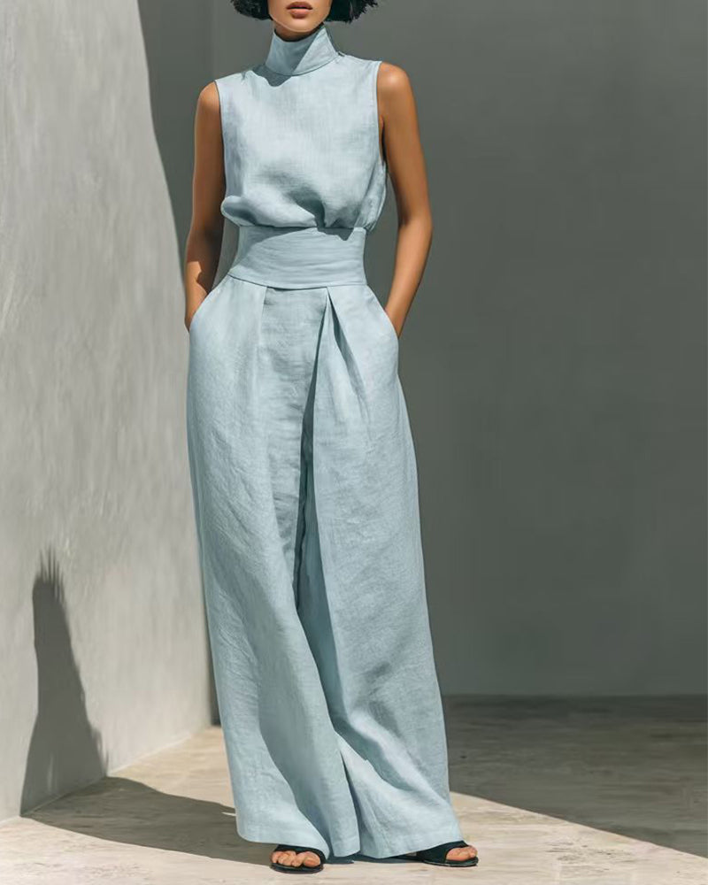 Women’s Sleeveless High Neck Top and Wide Leg Trouser Set – Elegant High Waisted Summer Two-Piece Outfit