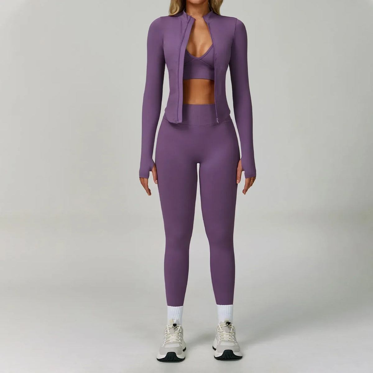 Women’s Seamless Three-Piece Activewear Set with Zip-Up Jacket and High Waisted Leggings – Stretchy Sports Bra and Fitness Outfit for Yoga and Gym Workouts