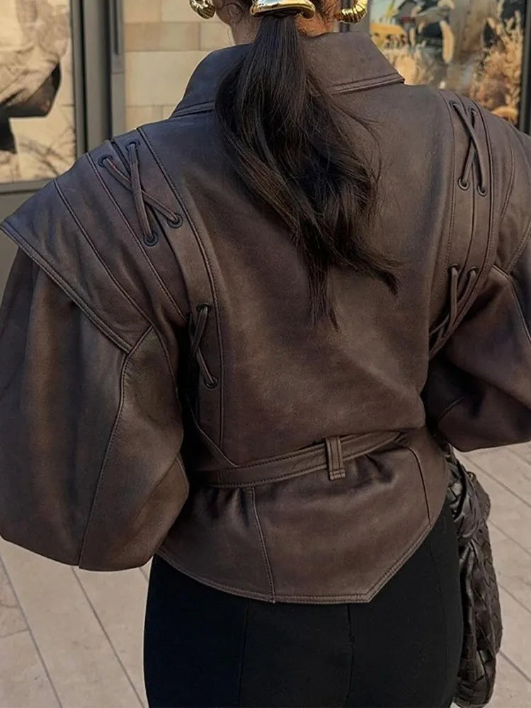 Women's Belted Leather Jacket with Wrap Front and Structured Shoulders – Elegant Short Outerwear for Smart Casual Autumn Styling and Statement Everyday Wear