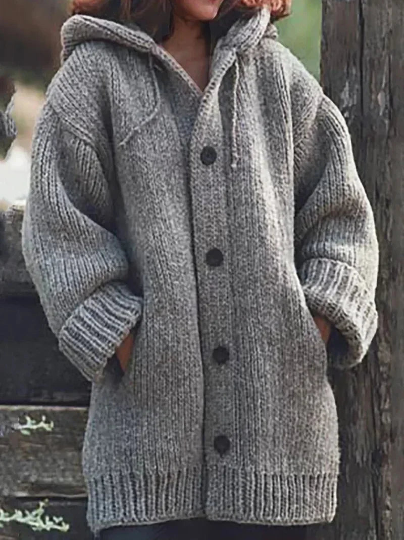Women's Chunky Knit Hooded Cardigan with Oversized Collar and Large Button Front – Relaxed Fit Longline Knitted Sweater with Deep Pockets and Ribbed Cuffs for Cosy Autumn and Winter Everyday Wear