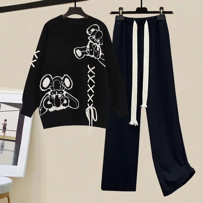 Women’s Graphic Sweatshirt and Wide-Leg Trouser Set with Lace-Up Detailing – Relaxed Cotton-Blend Two-Piece Outfit for Autumn and Winter Casual Wear