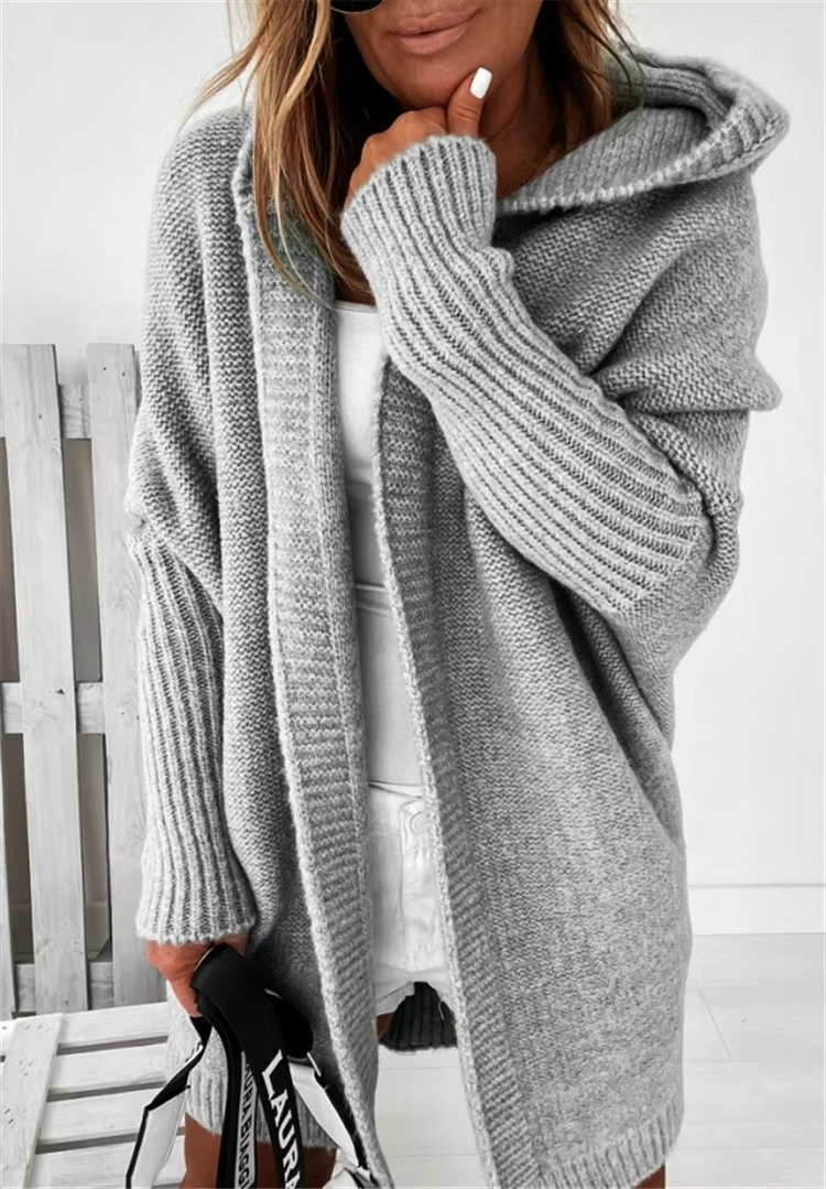 Women's Knit Hooded Cardigan with Batwing Sleeves