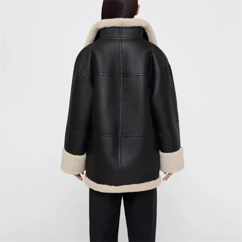 Women’s Faux Leather Shearling-Style Winter Jacket with Oversized Collar – Relaxed Fit Zip-Front Outerwear with Plush Cuffs and Contrast Trim